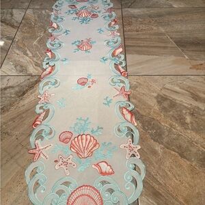 Seashell Embroidered table Runner - Coral and Aqua